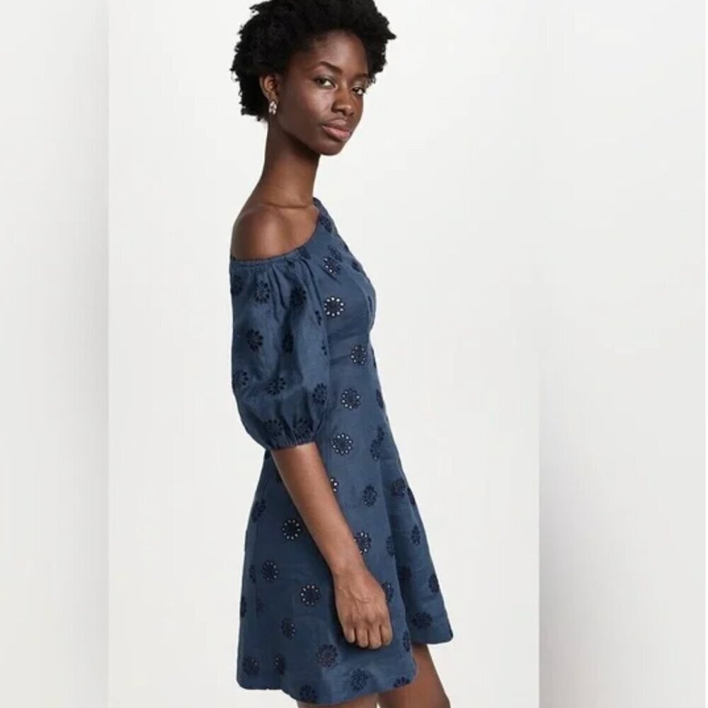 Figue Darcy Dress Linen Eyelet Floral Off The Shoulder Mini Navy Blue Size 8 - Picture 4 of 11